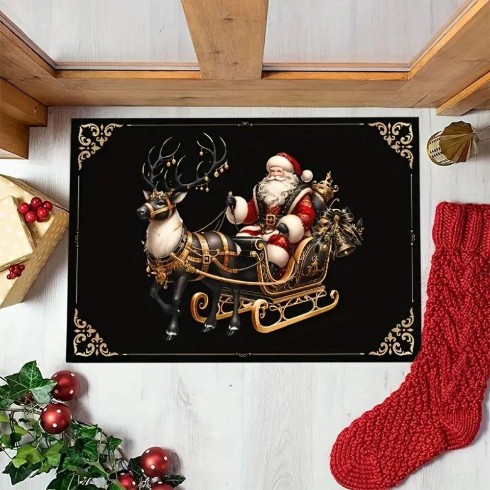 Christmas Happy Front Door Carpet Santa Claus Indoor Entrance Black Anti-Slip Floor Mat Holiday Home Decoration