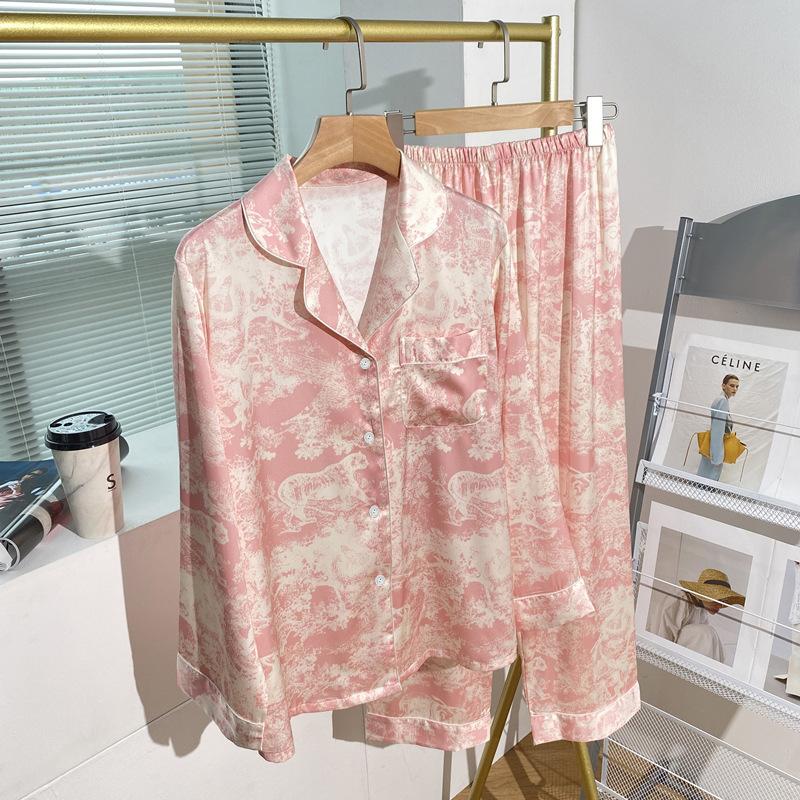 Summer High-End Green Fashion Lapel Pajamas Women'S Long-Sleeved Trousers Plant Flower Loungewear Set