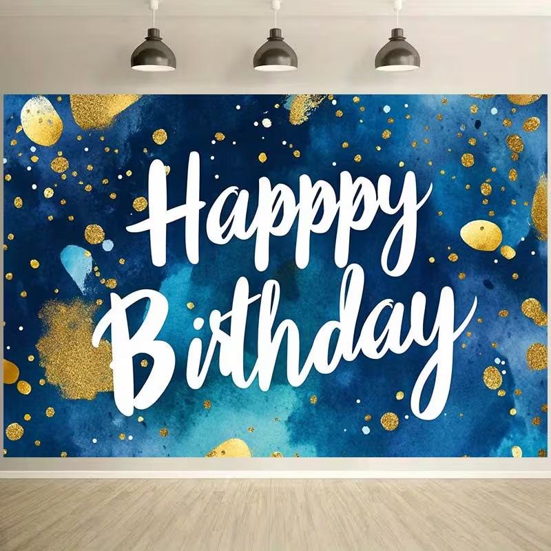 2D Blue Watercolor Happy Birthday Backdrop with Gold Dots Photo Booth Background