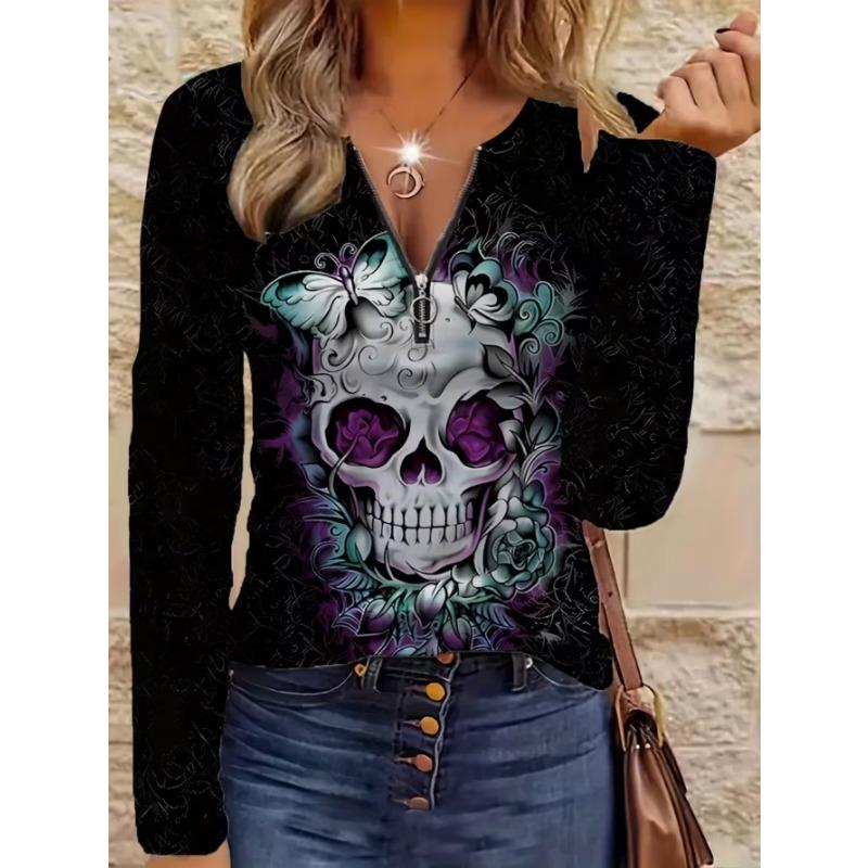Elegantes Damenoberteil mit Reißverschluss und Print, langärmelig, stilvoll und vielseitig für Herbst und Winter, Freizeit- und Bürokleidung, maschinenwaschbar