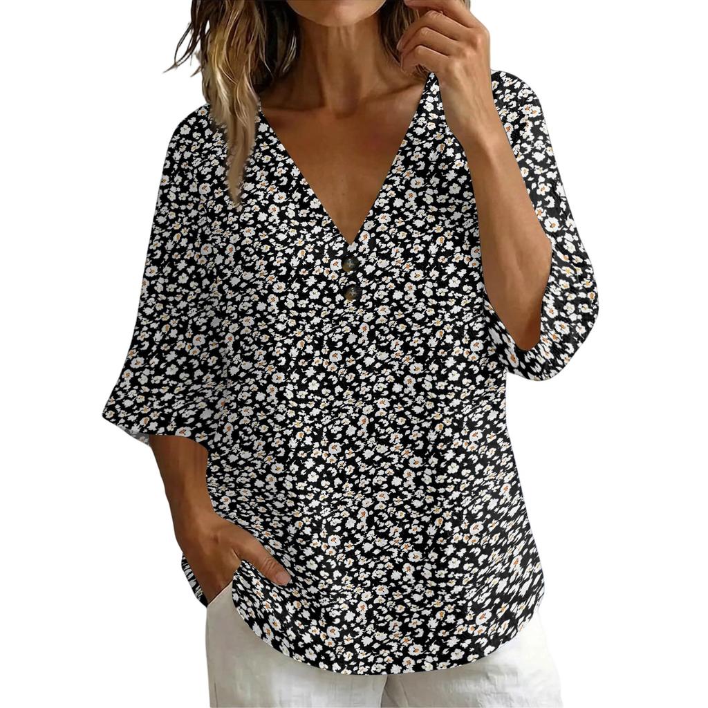 Women's Vintage Floral Print V Neck Short Sleeve Loose Fit T Shirt Made with Linen Blend Fabric Casual Summer Top for Daily Wear