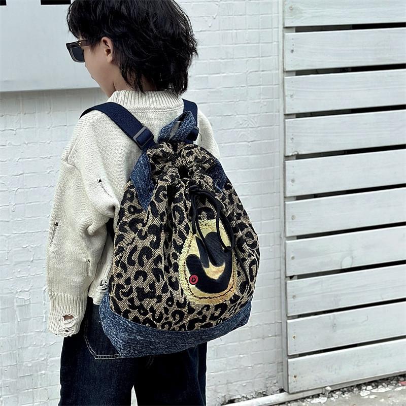 Vintage Leopard Print Unisex Kids Backpack Cute Cat Face Denim Bag With Large Capacity