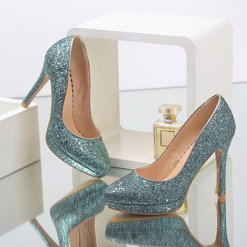 Women's High-heeled Single Shoes Fashion Sequined Banquet Wedding Shoes Waterproof Table Fine Heel Shallow Mouth Large Size Four-season Shoes