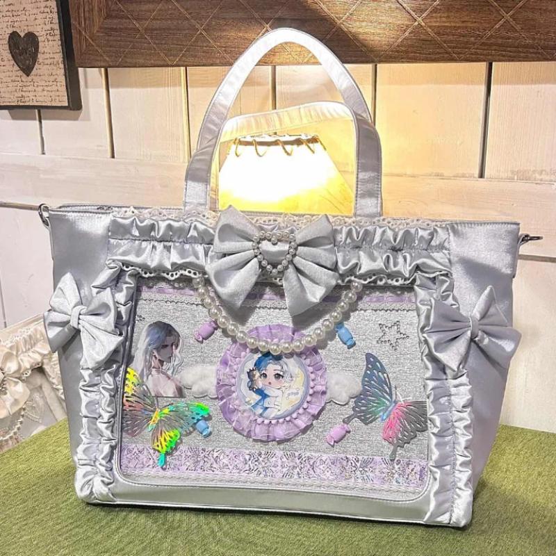 Lolita Style Bow Decor Ita Bag Women Pearl Lace Trim Japanese Transparent Window Shoulder Bag Display Badge Cute Ruffle Handbag