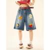 Shorts Bermudas Larges Taille Haute pour Femmes Coupe Ample Broderie Serviette Motif Alimentaire Denim Lavé Bleu