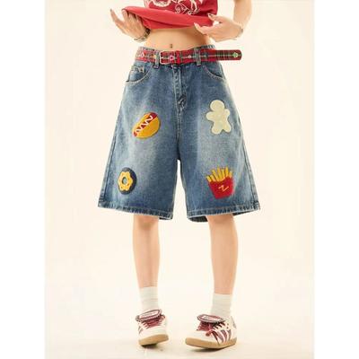 Dames Hoge Taille Wijde Pijp Bermuda Shorts Losse Pasvorm Handdoek Borduurwerk Voedselpatroon Gewassen Blauwe Jeans Shorts