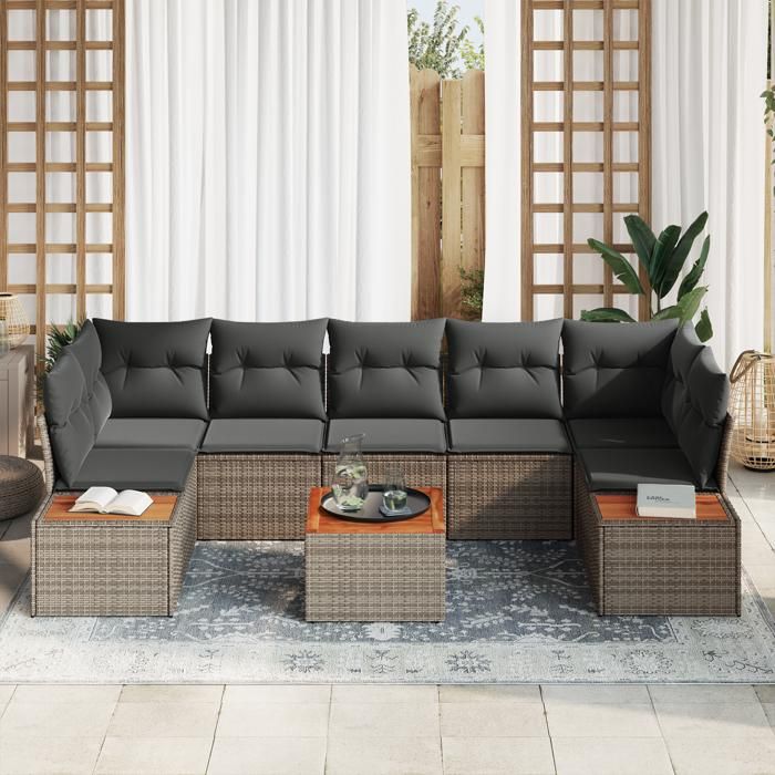 VidaXL Ensemble de canapé de jardin 8 pièces avec coussins gris poly rattan acacia 3348045