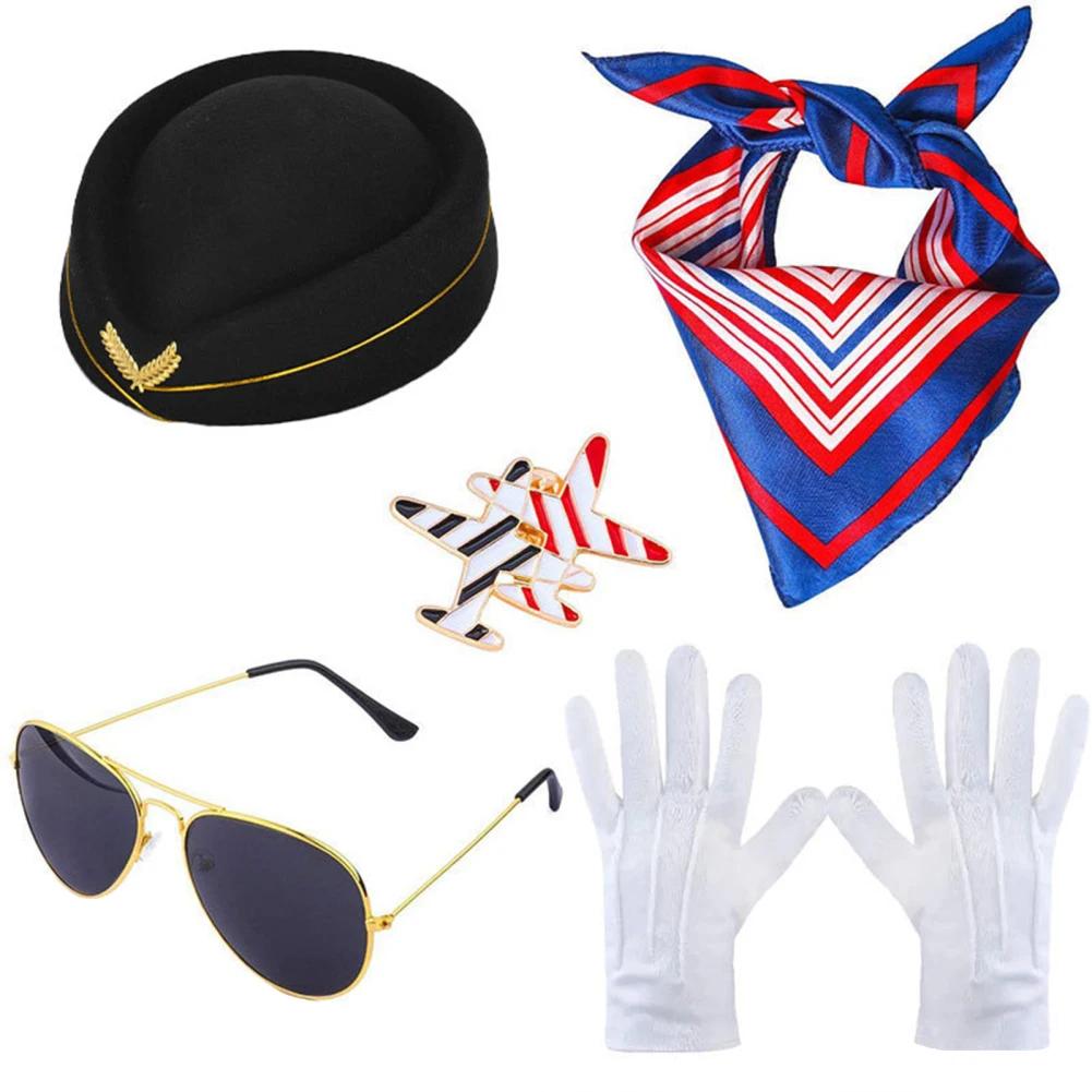Neuer Flugbegleiterinnenhut, Sonnenbrille, Seidenschal, Handschuhe Brosche Stewardess Cosplay Kostüm Kostüm Party Requisiten Zubehör