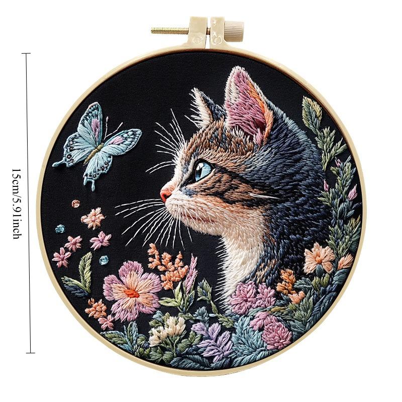 1pc Kitten, Butterfly, and Flower Pattern Embroidery DIY Fabric Craft Kit with Tools