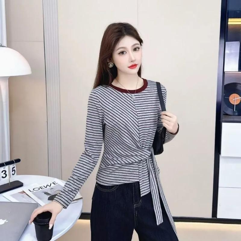 Autumn Korean Design Striped Lace-up Bow Contrast Color Long-sleeved T-shirt Is Versatile and Trendy