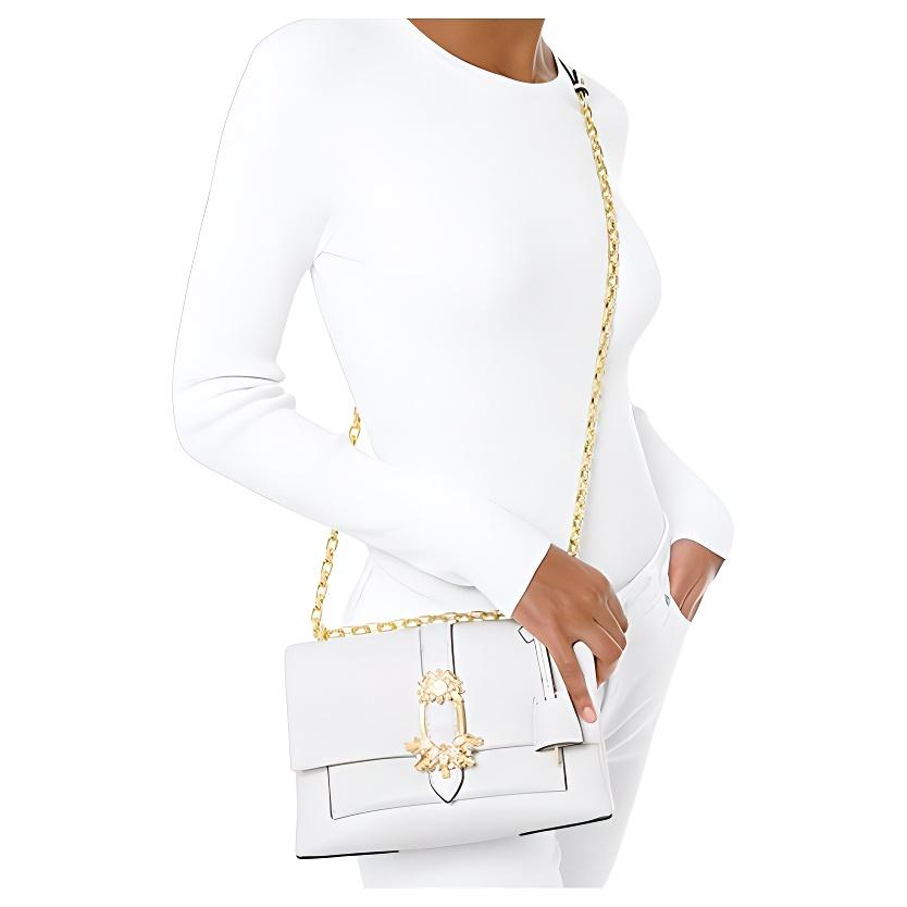 Michael Kors Cece Diamond Flower Buckle Chain Commute Leather Shoulder Crossbody Bag Medium Women bags White 30H9G0EL6U-OPTIC-WHITE
