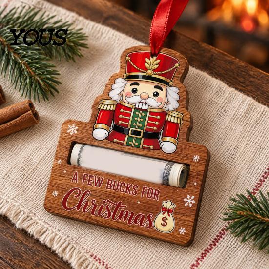 Holiday Decorative Money Holder Christmas Cash Holder, Creative Wooden Hanging Ornament with Red Lanyard, Tree Decor Vivid Printing for Party