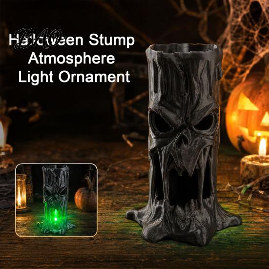 LED Lighted Horror Ornaments Halloween Tree Stump Skull Candle Holder, Spooky Face Tabletop Decor, Hollow Scary Holders Tealight Holder for Electronic