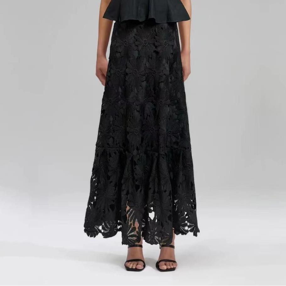 

Qooth Floral Cutout Lace Maxi Skirt Handmade Crochet A-Line Skirt Beach Boho Mid Length Skirt Resort Wear QT2595 One Size чёрный