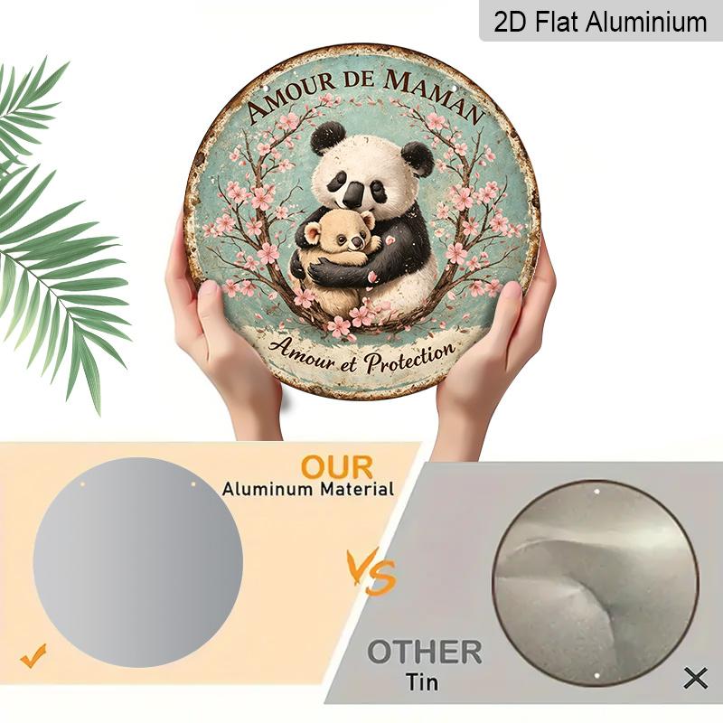 2D Flat, 1pc Round Aluminum Hanging Sign - "Amour De Maman" French Quote Panda & Baby Bear Metal Wall Art, Vintage Cherry Blossom Design-Maternal