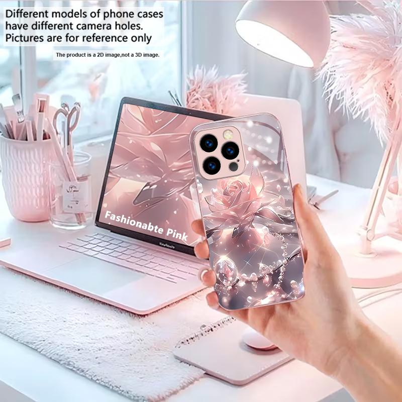 Crystal Pink Rose Glow Pink Metallic Glass Phone Case For iPhone 11 12 13 14 15 16 17 Pro Max Plus 17Air 16E 7 8 Xr XsMAX Cover
