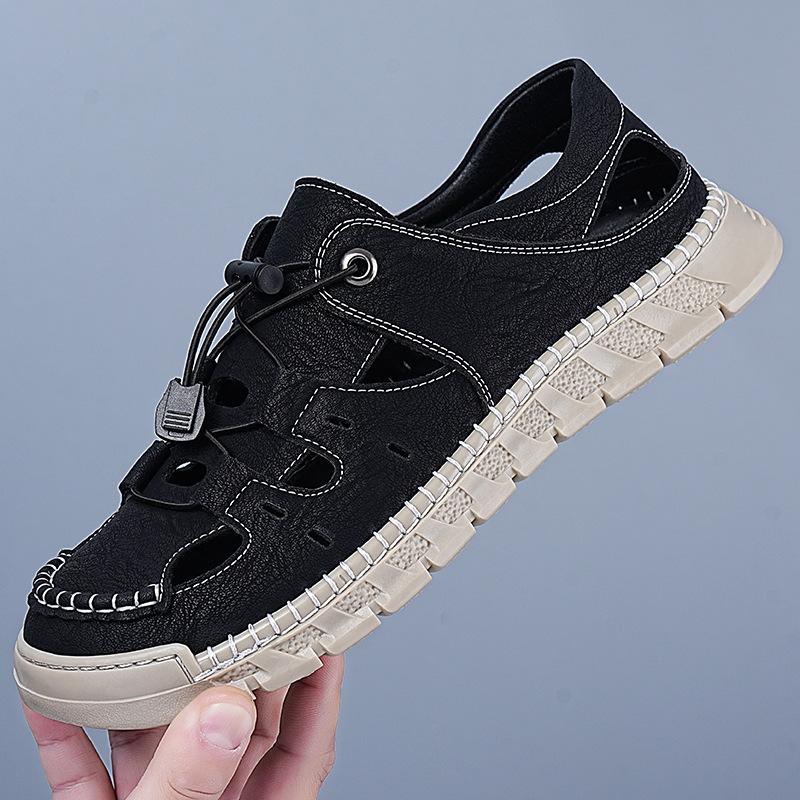 Hard summer leather men's sandals hand-stitched non-slip men's shoes soft-soled outdoor casual shoes bag head shoes