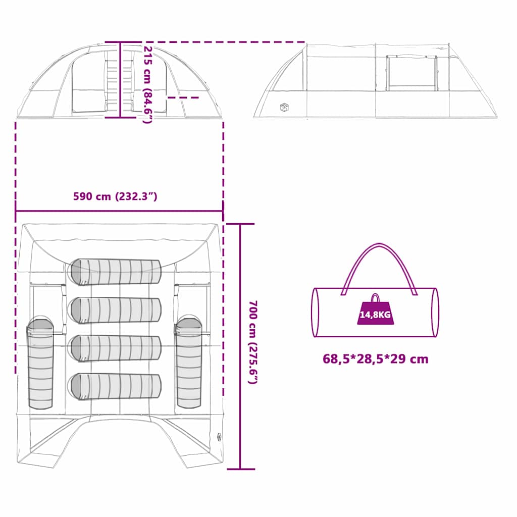 6 Person Tunnel Tent in Green and White 700 x 590 x 215 cm
