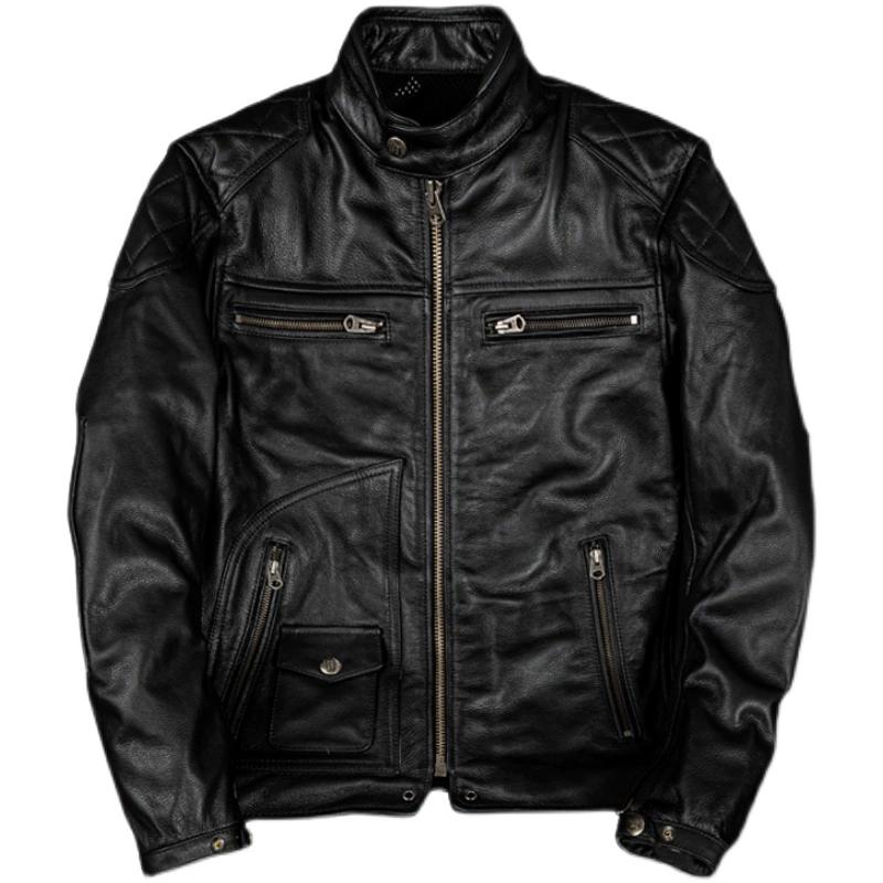 Mens Genuine Leather Jacket Top Grain Cowhide Biker Coat Stand Collar Motorcycle Riding Jacket with Armor Pockets Large Size