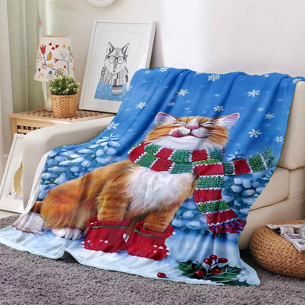 Winter Cat Snowscape Blanket Soft Throw Blanket For Home Bedroom Bed Sofa Travel Office Solid Christmas Blanket