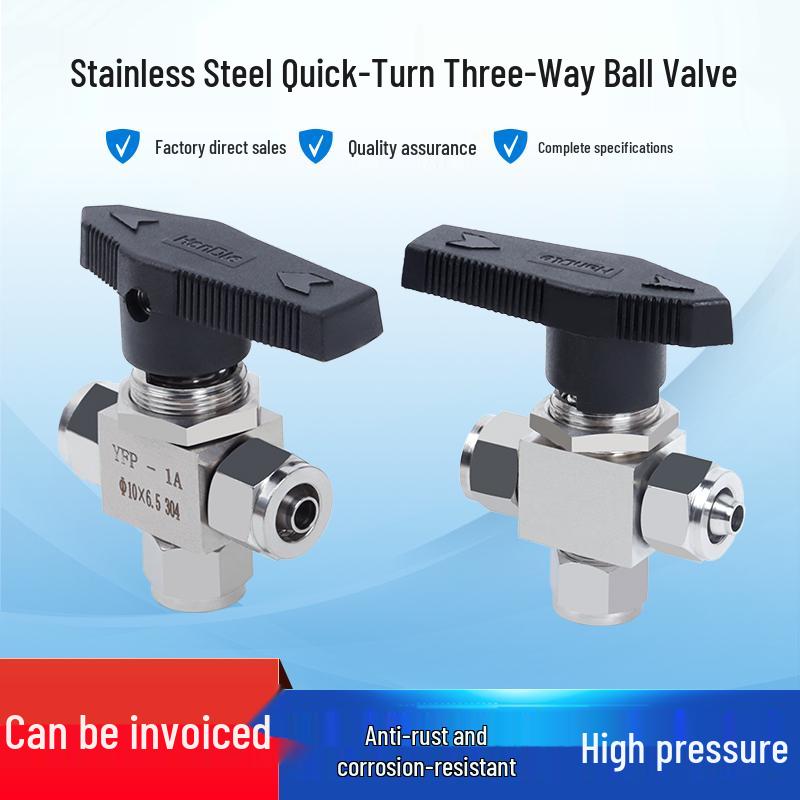 304 Stainless Steel Quick Turn 3-Way Ball Valve with Panel Mount Locking Nut for Hose PU Air Tube.
