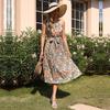 Summer New Halter Neck Sleeveless Small Floral Sling Lace High Waist Green Long Dress S-XL