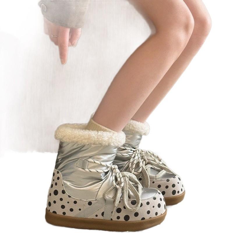 Womens Winter Warm Snow Boots Fleece Lined Polka Dot Mid-Calf Non-Slip Comfortable