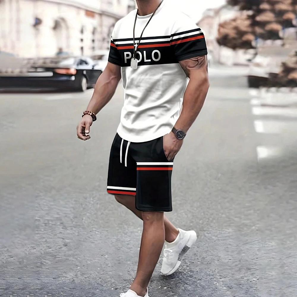 Navy anchor pattern men's set 3D printed summer outdoor short sleeved T-shirt+pants two-piece casual sports plus size men's set