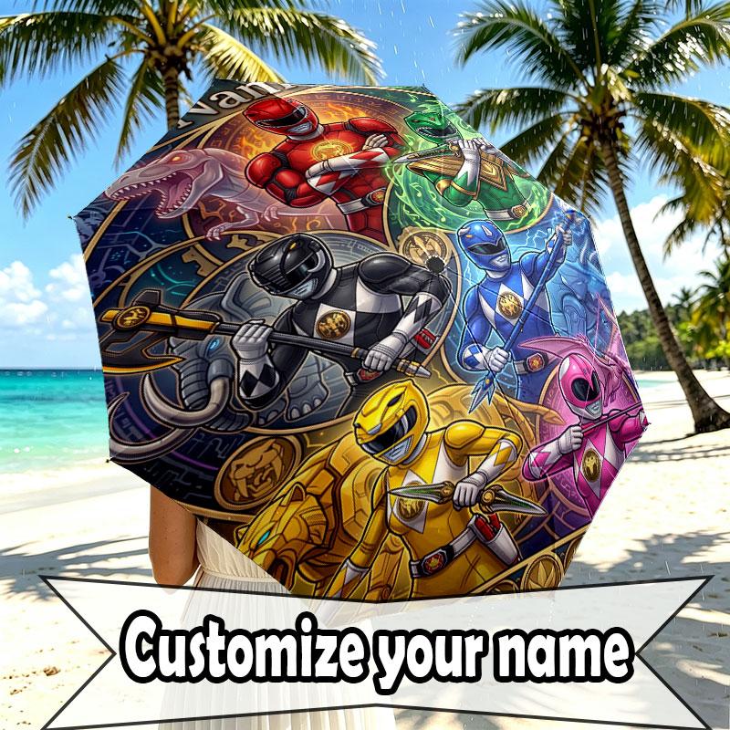 Custom Name Personalized Power Rangers Print Umbrella, Auto Open Close, 8‑Rib Sturdy Frame, Commute Camping Hiking Use, Birthday Gift