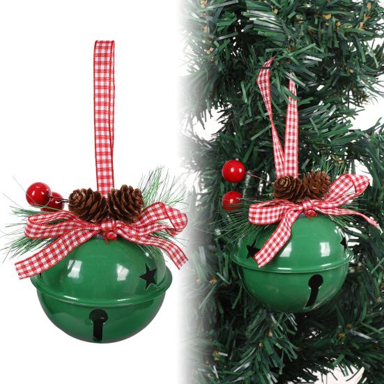 Christmas Bell Ornaments with Pinecones Berries Plaid Bow Rustic Metal Jingle Bells Xmas Tree Hanging Decor for Holiday Door Window Tree Party Decor
