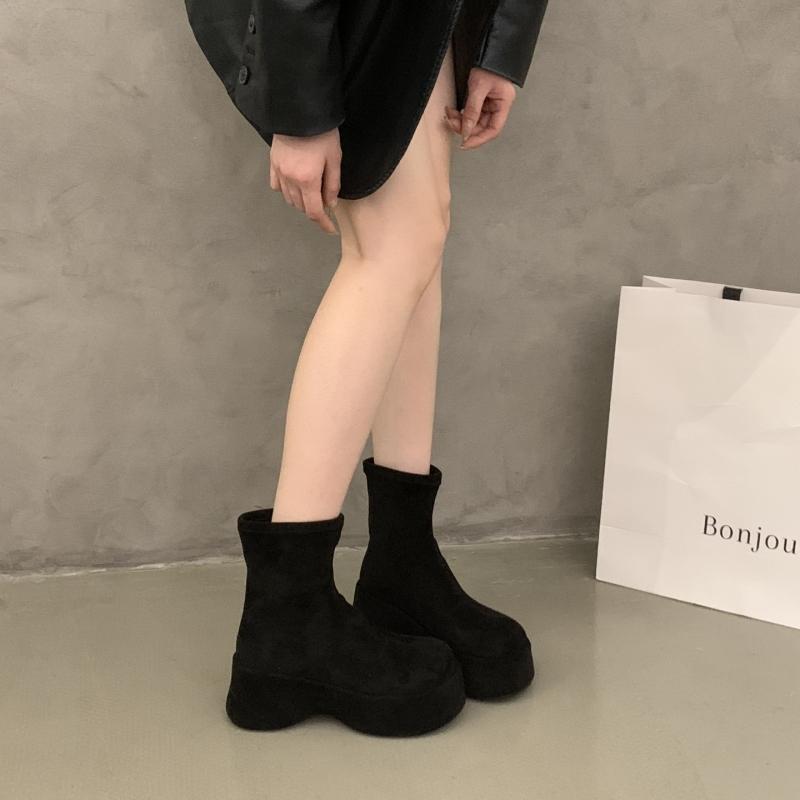 Women's Platform Boots Spring Autumn Suede Fashion Ankle Boots Elastic Slip on Woman Shoes Casual Solid Chunky High Heel Botines
