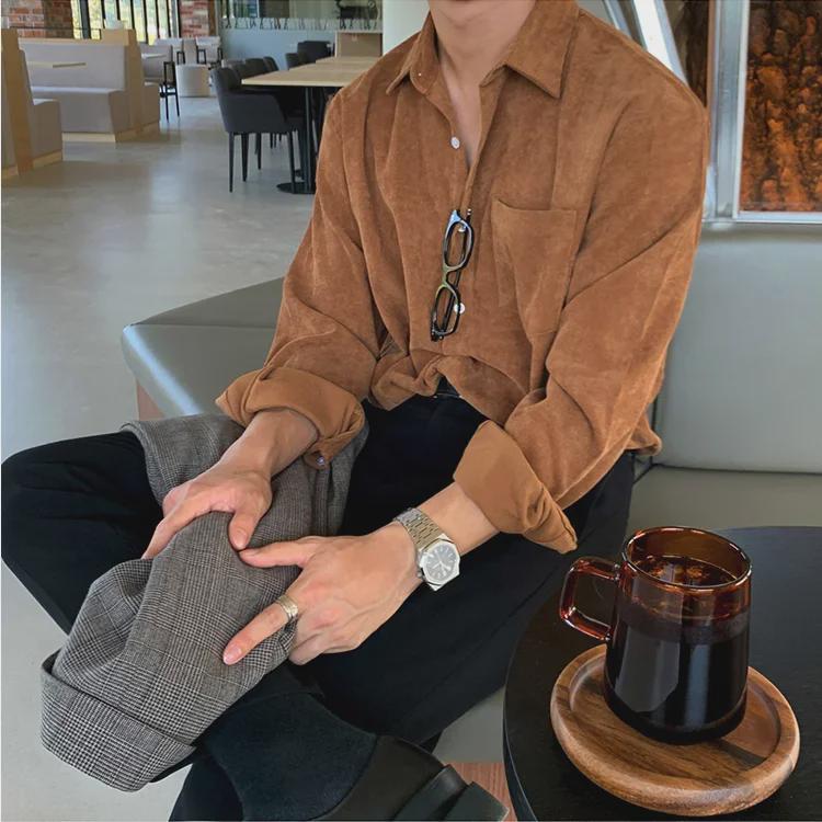 Herren Retro Cordhemd im japanischen Stil - Langärmlig, Trendige koreanische Version, Frühling/Herbst, Lockere Passform.