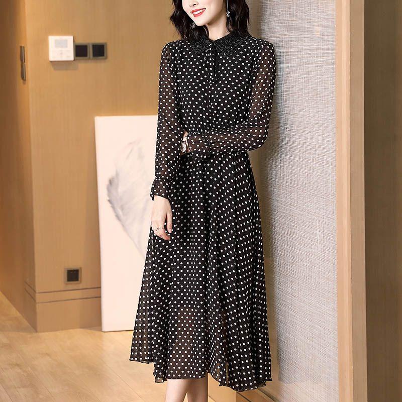 Spring Autumn Peter Pan Collar Beading Dresses Elegant A-Line Waist Women's Clothing Drawstring Commute Polka Dot Midi Dress New
