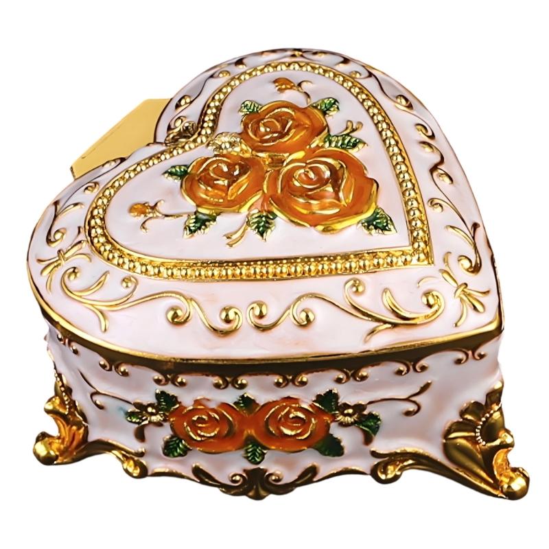 Heart Shaped Jewelry Box with Rose Embossed Lid, Zinc Alloy Storage Case for Vanity Display, Jewelry Storage and Gifts