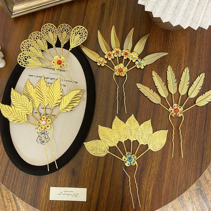 1PC Headwear Headdress Vintage Flower Rhinestone Hair Accessories Hairpin Ethnic Thai Hair Sticks Metal Leaves U-shaped