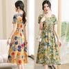 Nouvelle robe d'été en coton et soie vert moyen, style tempérament pour mère, robe longue et ample pour femme, cache-ventre grande taille, robe à fleurs jusqu'au genou