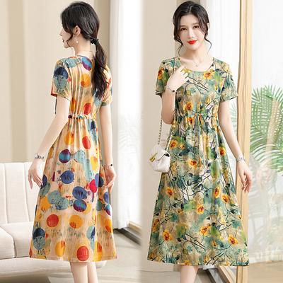 Neues temperamentvolles Mutterkleid mittelgrün Sommer Baumwolle und Seide Damen mittellang locker große Größe Bauchabdeckung Knie Blumenkleid