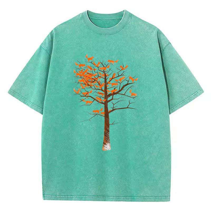 Summer T Shirt Vintage Washed Cotton T-Shirt Japanese Style Cat Climb Tree Graphic Tee Casual Streetwear Spring