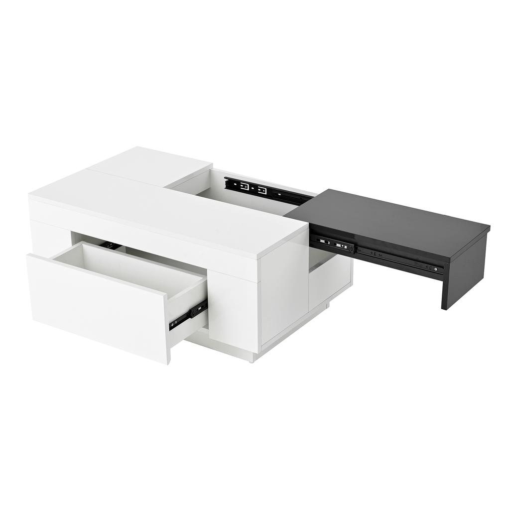 High-Gloss Coffee Table with LED Lighting, Extendable Black-and-White Tabletop, Hidden Storage and 16-Color Adjustable Light Strip