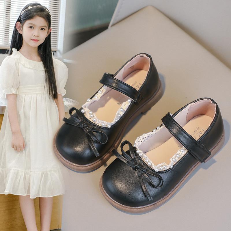 Girls Leather Shoes Black Matte Kids Flat Shoes Round Toes Non-slip 2025 Spring Autumn New Girls Performance Shoes Bows Sweet