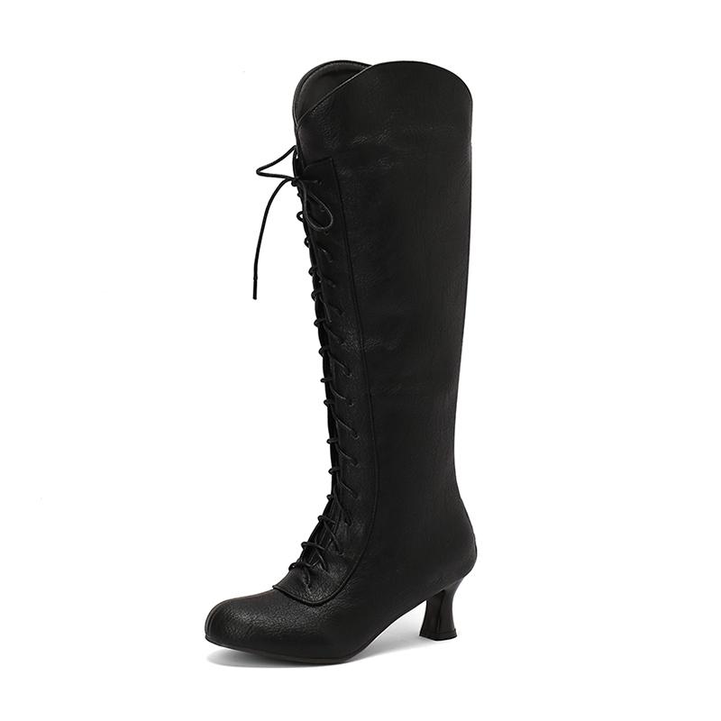 Retro Knee High Western Boots Cowboy Women's Victorian Tall Boot Cutout Kitten Heel Shoes 2024 Fall Winter Soft PU Comfy