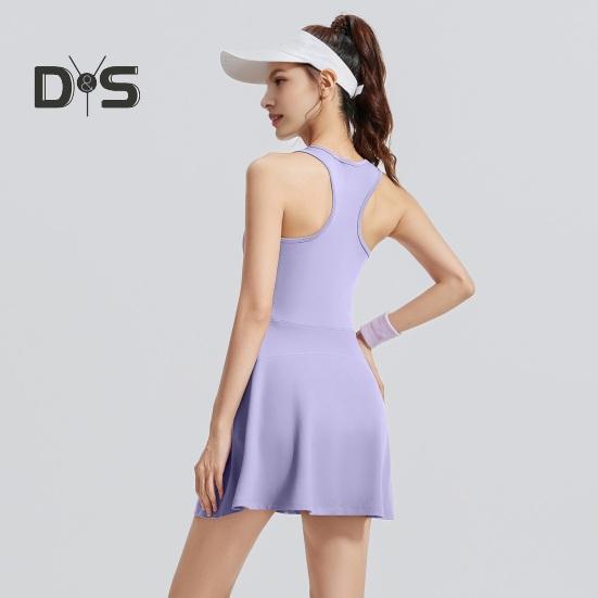 Damen-Sportkleid mit Brustpolstern, ärmellos, Racerback, Fitnesskleid mit Frontreißverschluss, Sicherheitsshorts, Sportbekleidung