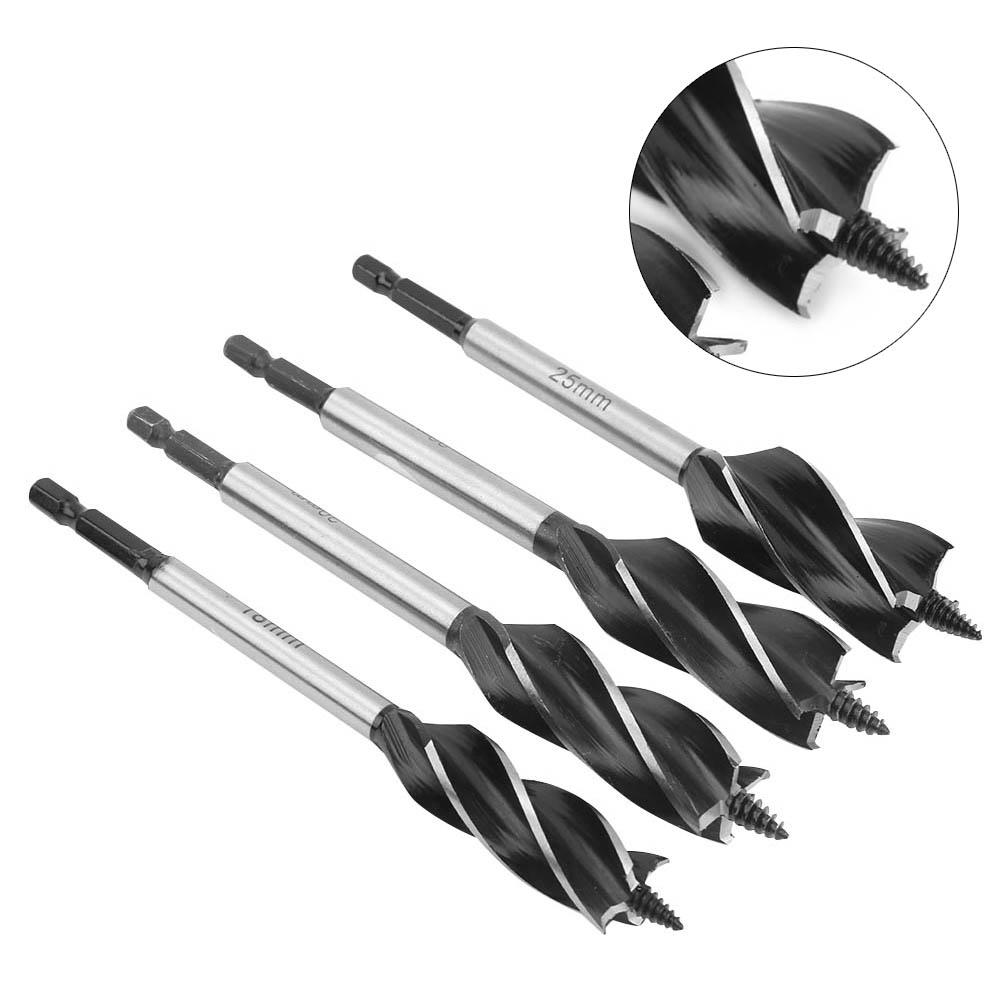 4Pcs Auger Bits Wood Cutting Hole Saw Reaming Twist Drill FourBlade Hex Shank 1825mm