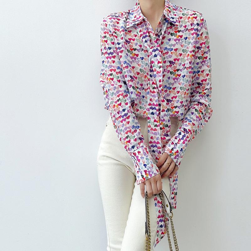 Clearance Women's Silk Long-Sleeve Shirt with Colorful Heart Print & Removable Bow