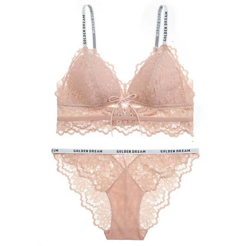 

French underwear, thin triangle cup, no steel ring bra, big chest, small sexy lace underwear , bra. S рожевий