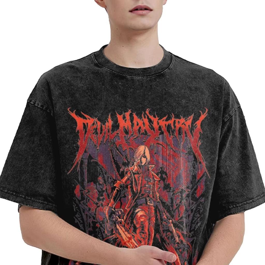 T-shirt Grafica Gioco Devil May Cry Unisex Cotone Lavato Vintage Manica Corta Harajuku Streetwear Larga Oversize Casual Estate Maglietta Regalo per Fan