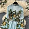 Summer Autumn Women Vintage Print V-neck Full Sleeve Single Breasted Long Maxi Holiday Seaside Dresses