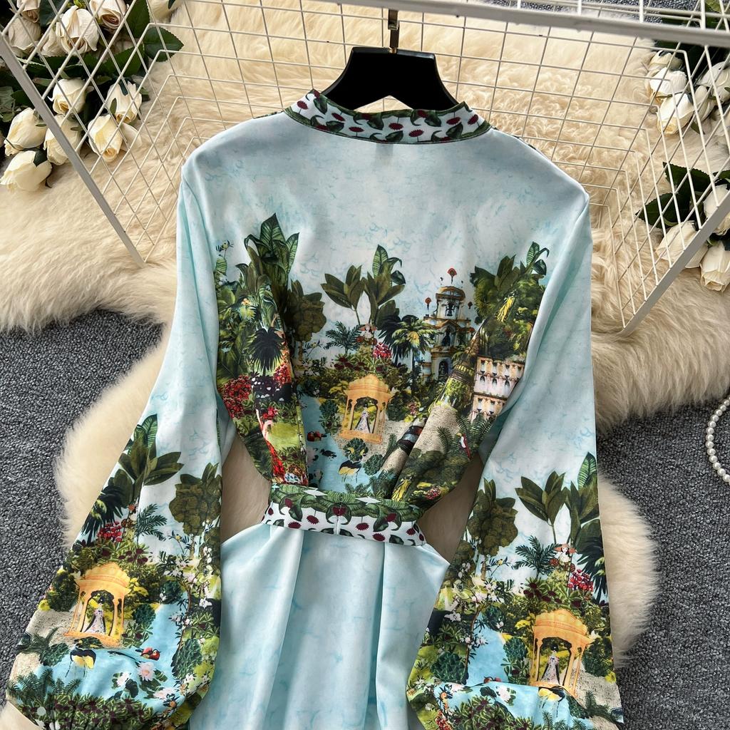 Summer Autumn Women Vintage Print V-neck Full Sleeve Single Breasted Long Maxi Holiday Seaside Dresses