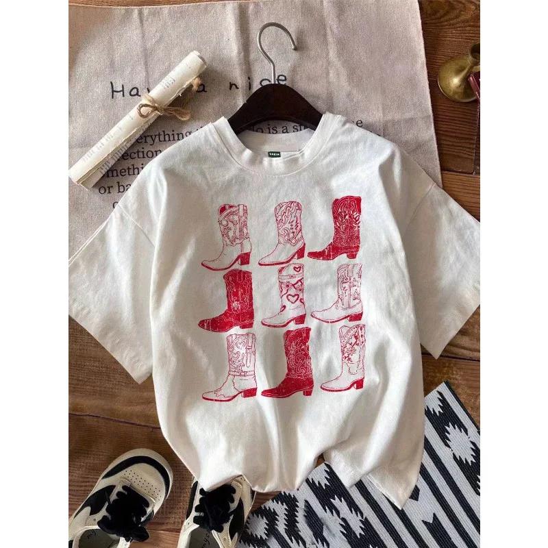 

Retro Boot Printed Western Style Casual Fit Short Sleeve Womens Tshirt Vintage Graphic Tops Cotton Breathable Female Clothing S