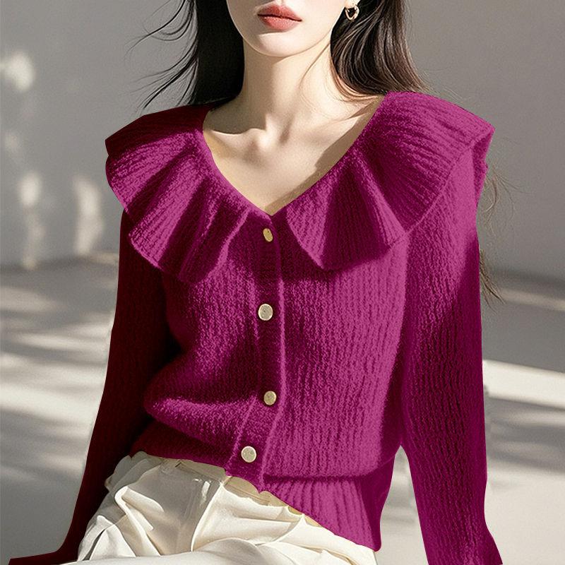 

Lotus Leaf Neck French Sweater Women Pullover Long Sleeve Solid Color FashionTop XXXL рожевий червоний колір